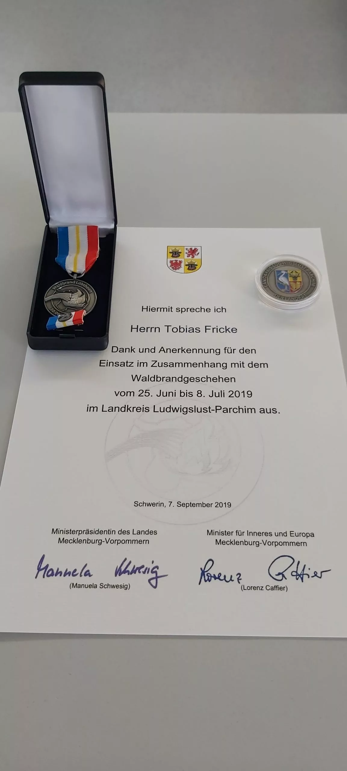 Ehrung nach Waldbrandeinsatz in Lübtheen